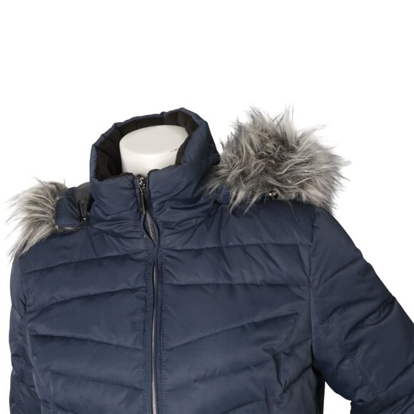 London Fog Down Filled Parka Coat Faux Fur Hood Navy Blue Quilted Winter Jacket - Picture 15 of 15